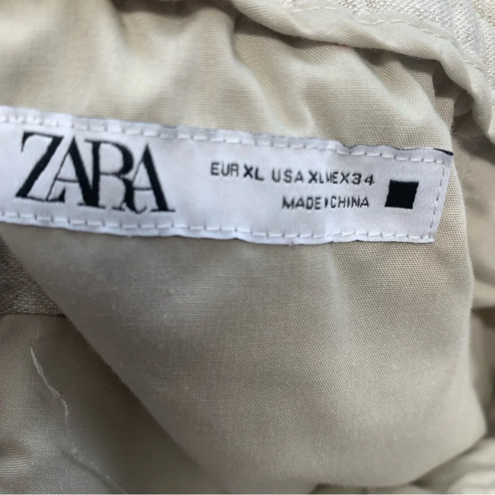 Zara Pants Woman XL Linen Blend Pull On Drawstring Pockets Neutral Tapered Ankle